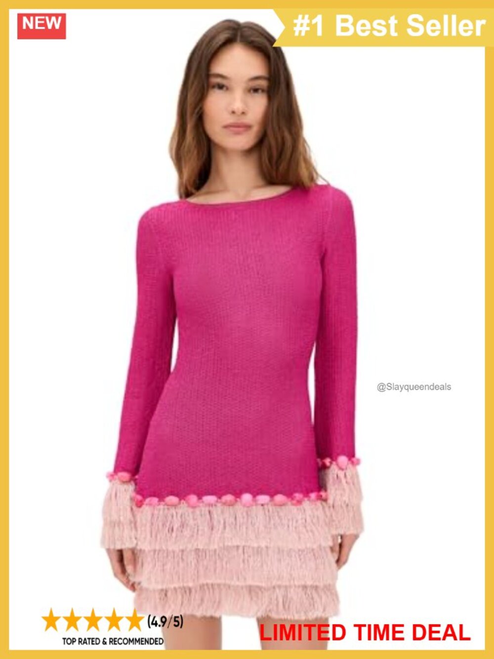 Mid-Weight Stretch Knit Mini Dress Fringe Beaded Metallic Accents
